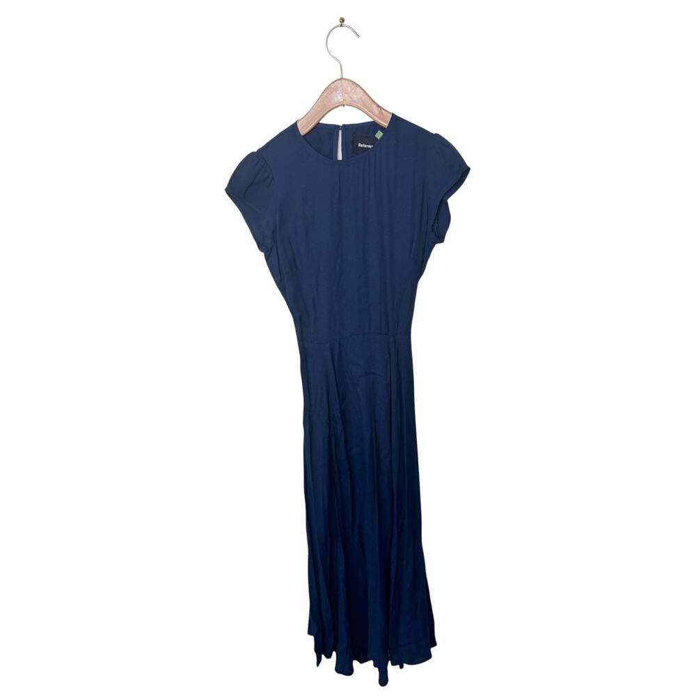 REFORMATION Gavin Cap Sleeve Open Back Midi Dress Navy Blue Crepe Size 0
